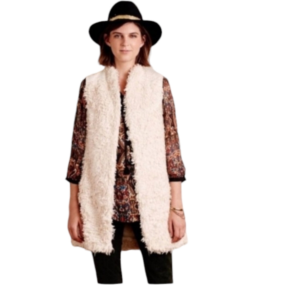 Hei Hei (Anthropologie) Women's Shaggy Sherpa Vest Cream Embroidered Size Small